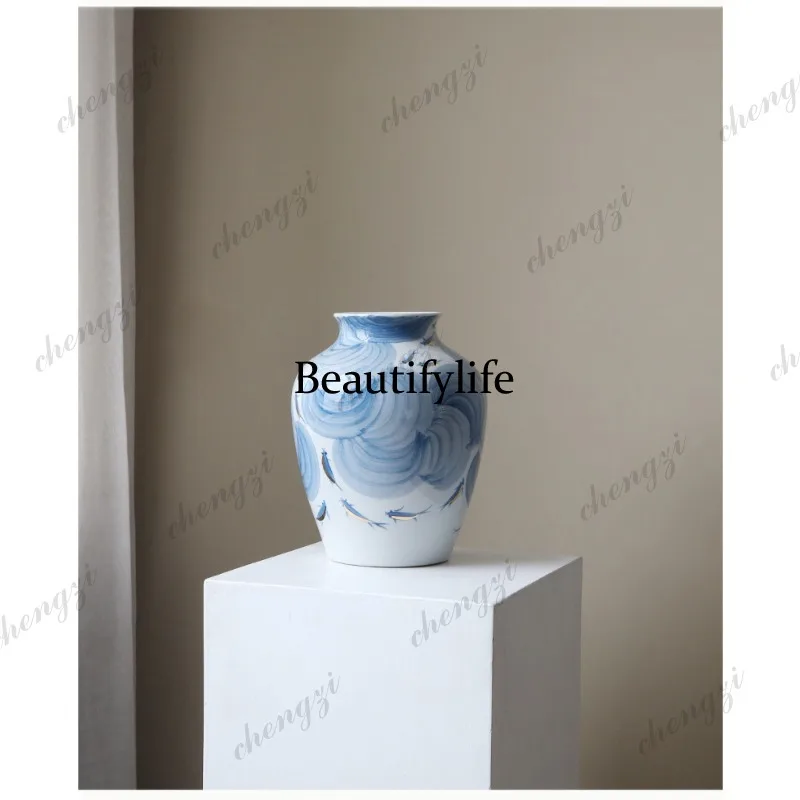 Ceramic vase blue and white porcelain new Chinese flower arrangement ornament living room water-raised peony pottery