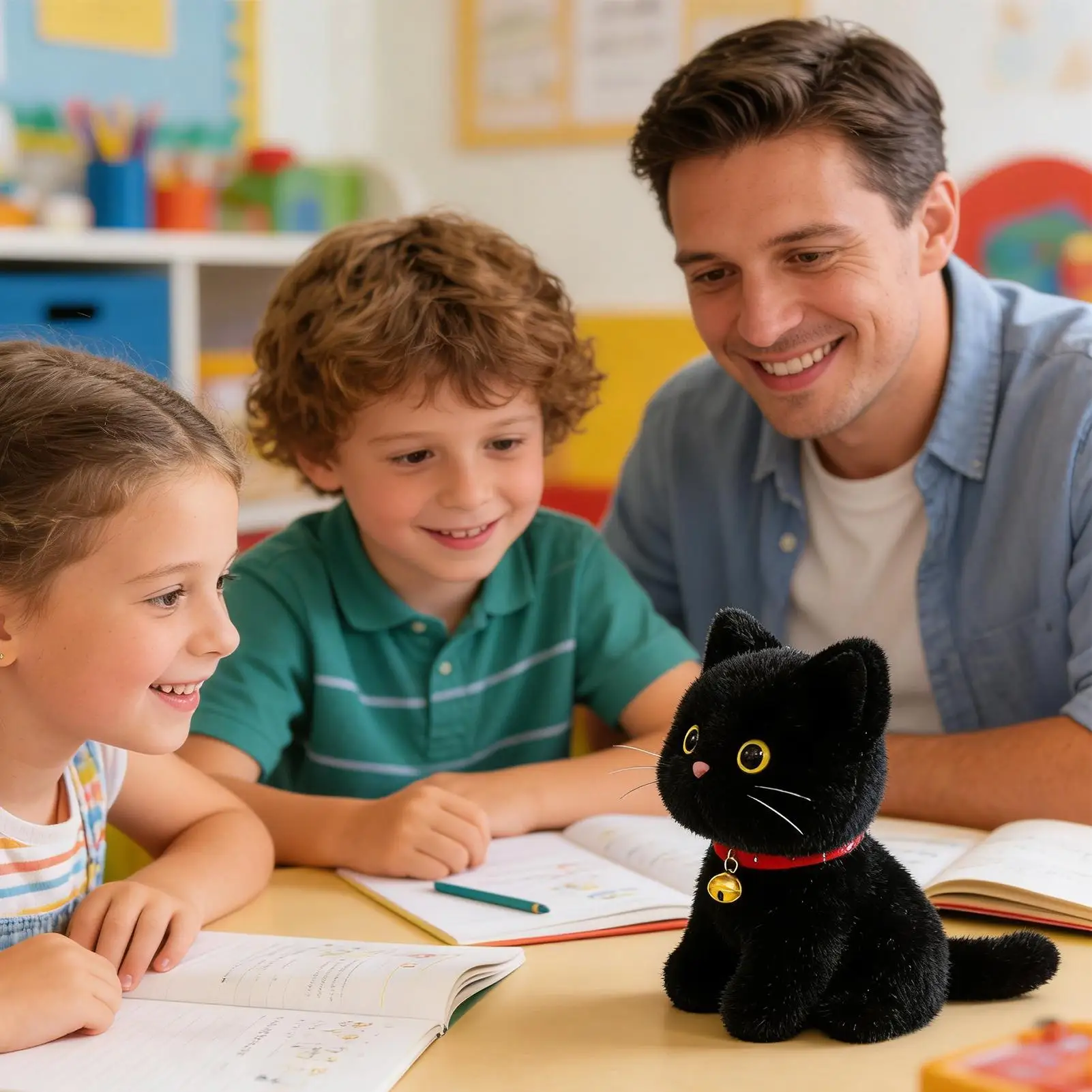 Chat animaux en peluche Adorable chaton de dessin animé doux avec cloche conception chats en peluche pour enfants filles garçons adulte amoureux des animaux de compagnie noël