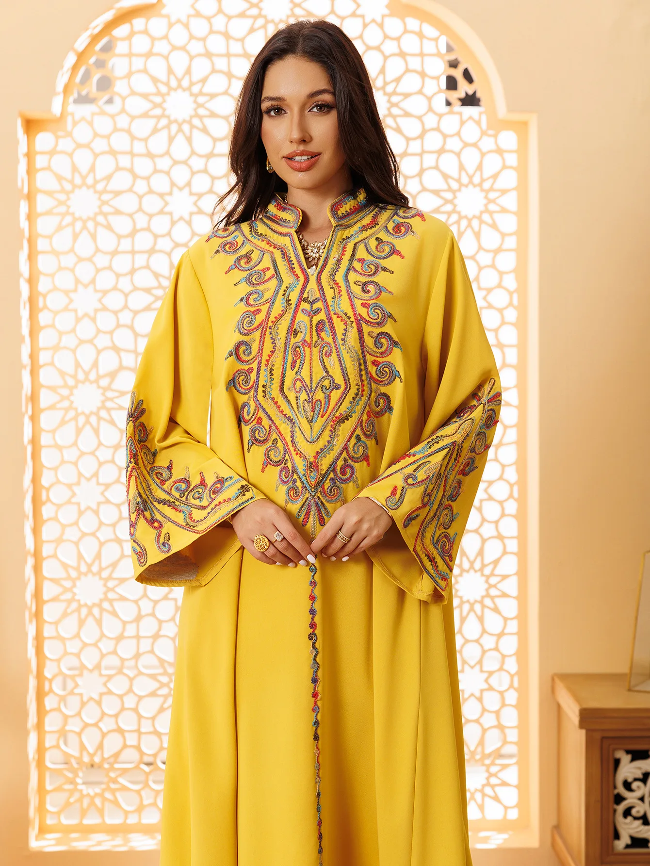 Ramadan Jalabiya for Women, Party Arabic Dress, Multicolor Threads Embroidery, Stand Collar, Islamic Clothing, Wedding, Kaftan