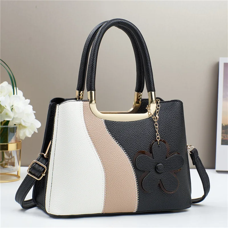 2024 new splicing contrasting colors large-capacity fashionable portable shoulder bag exquisite accessories casual foreign commu