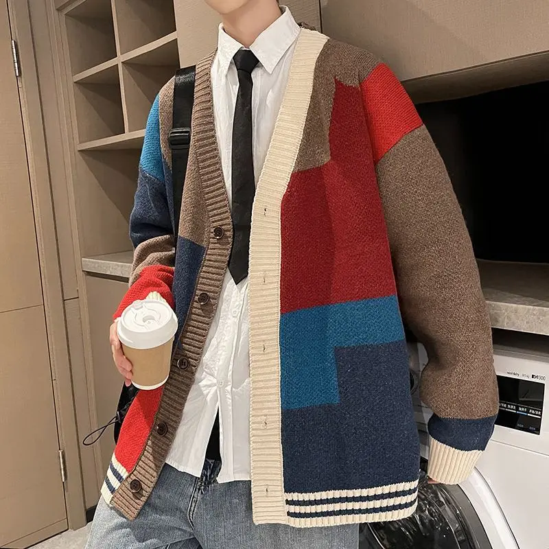 Korean Trendy Men\'s 2024 New Patchwork V-neck Button Contrast Color Fashion Loose and Versatile Long Sleeved Knitted Sweaters