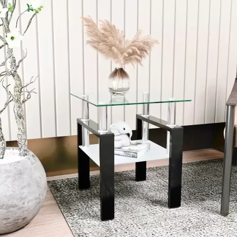 Square Tempered Glass Side Table with Metal Frame Modern Two Tier Coffee Table for Living Room Bedroom