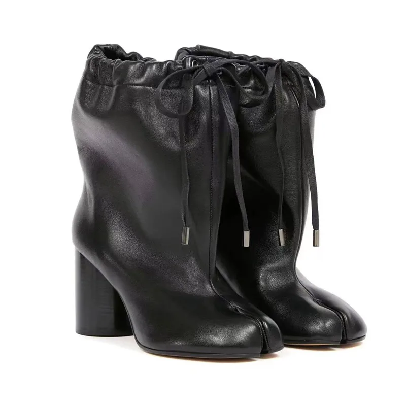 

2026 New Women's Black Split Toe Leather Ankle Boots Drawstring Ruched High Chunky Heel Plus Size Fashion Boots