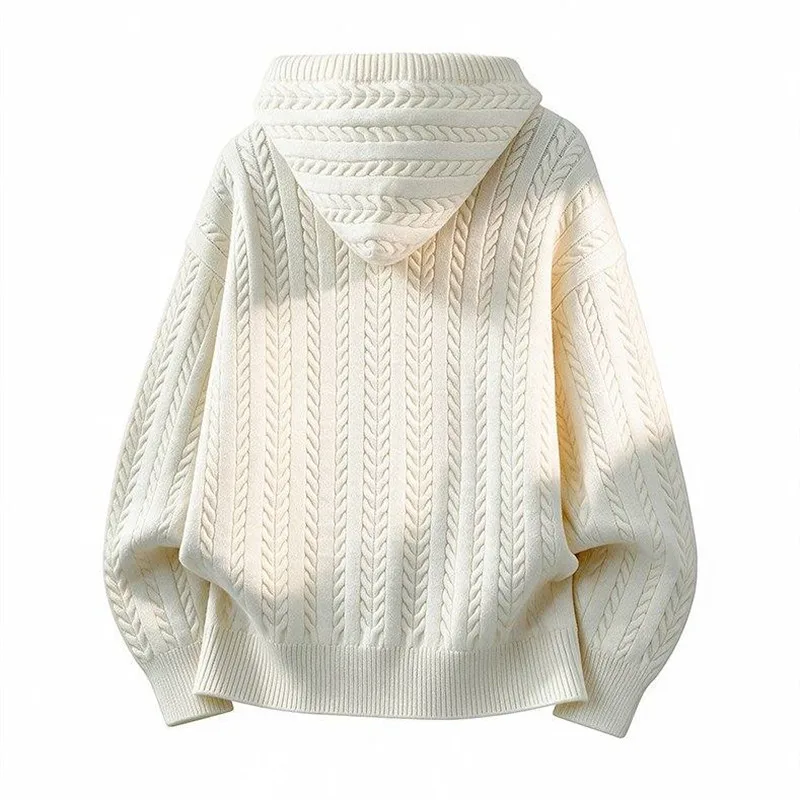Autumn Winter Mens Hooded Knit Cardigan Loose Sweatercoat Solid Color Fashion Casual Knitted Cardigan Couple Sweater Outerwear