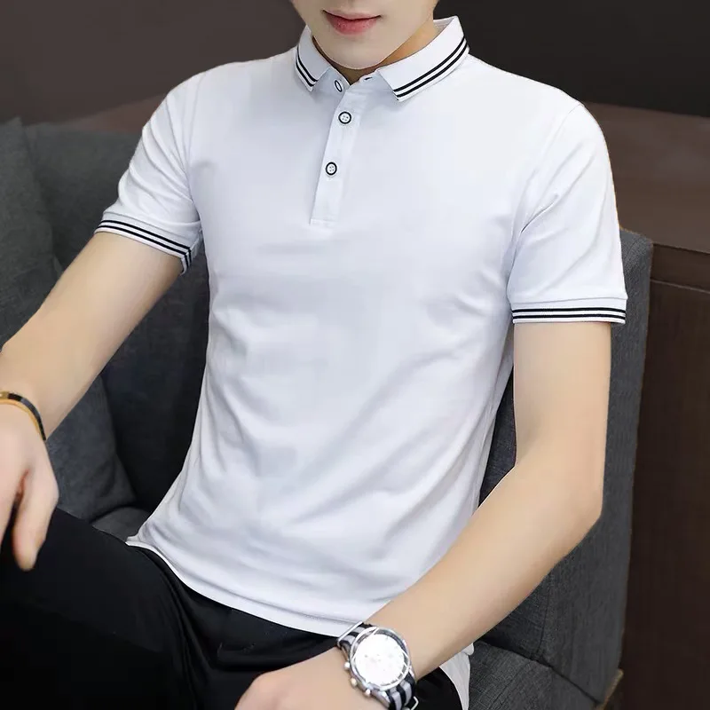 Summer Short Sleeve Polo Shirt New Men's Clothing Turn-down Collar Business Casual Fashion Polyester Loose Button Striped Tops