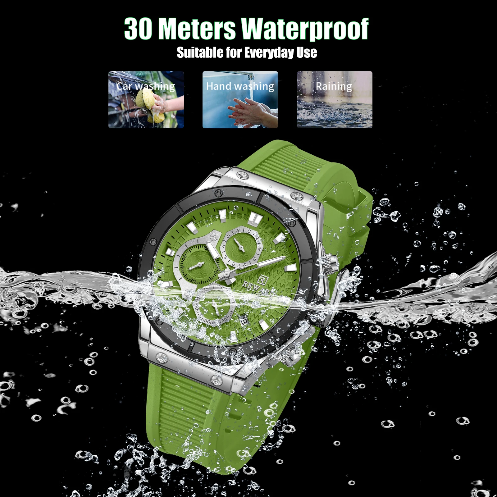 REWARD Reloj de pulsera informal para hombre, cronógrafo con fecha, resistente al agua, luminoso, con correa de silicona, Masculino