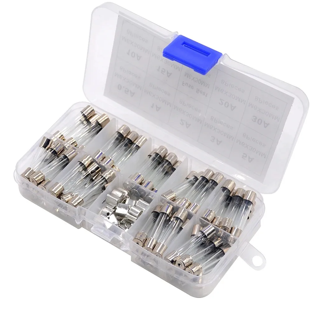72PCS 6X30MM Glass Fuse 0.5A-30A Quick Blow Glass Tube Fuse Assorted Kits sample box with bracket