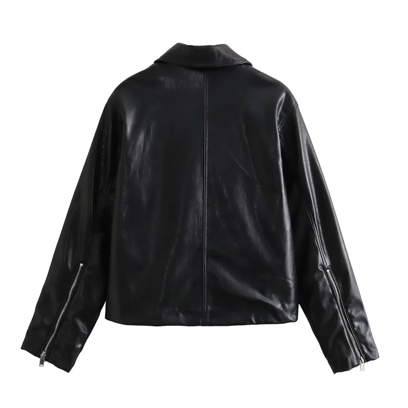 KEYANKETIAN Autumn New Women's Artificial Leather Jacket High Street Retro Zip-up Turn Down Collar Loose Crop Top Outerwear