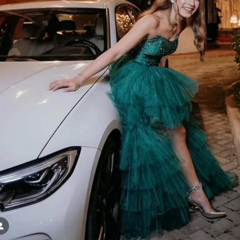 Темно-зеленые платья Quinceanera по индивидуальному заказу с открытыми плечами и хрустальной аппликацией, кружевное многослойное платье с длинным хвостом, Vestido 15, Quinceanera