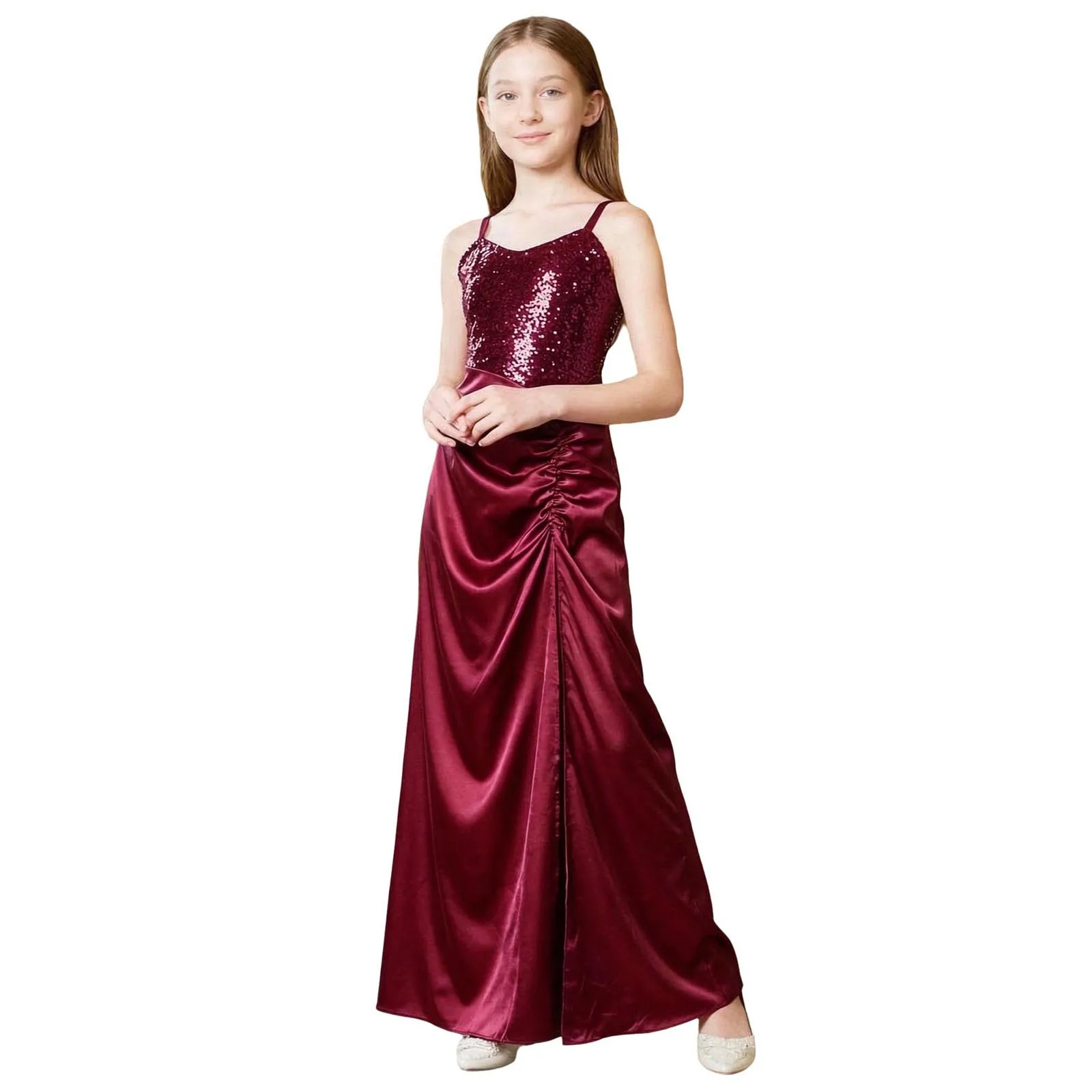 Flower Girls Dresses Wedding Party Gown Spaghetti Straps Sequins Ruched Satin Junior Bridesmaid Dress First Communion Dresses 4