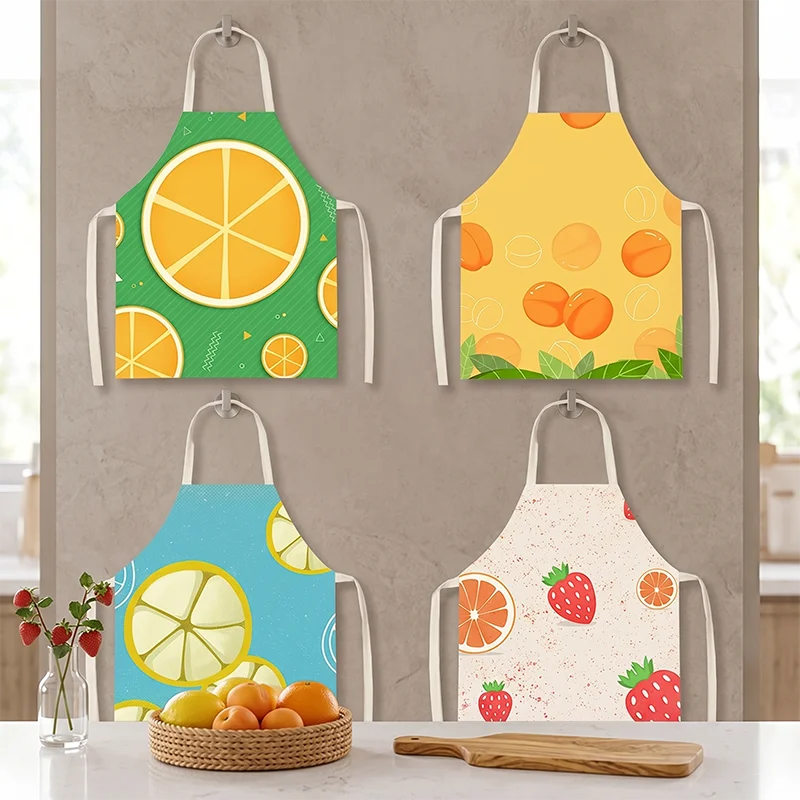 

Cute Fruit Printed Cotton Linen Apron One Piece Strawberry Orange Lemon Pattern Kitchen Cooking Baking Home Cleaning Pinafore