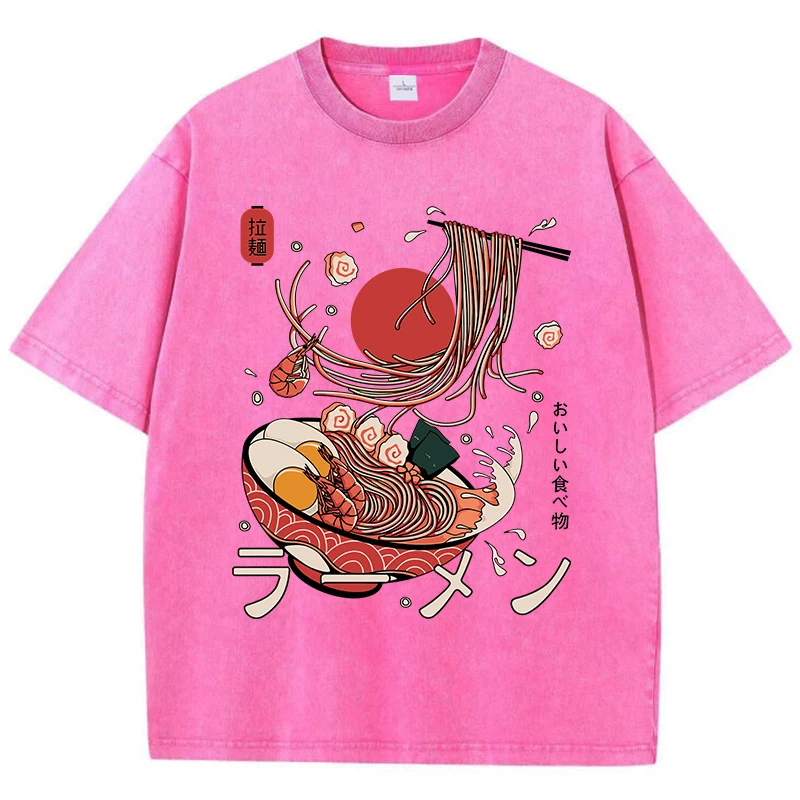 Ramen Noodles Cotton Washed T-Shirt Women Harajuku Printing Tops Comfortable O-Neck Oversized T Shirts All-Match Woman Clothes