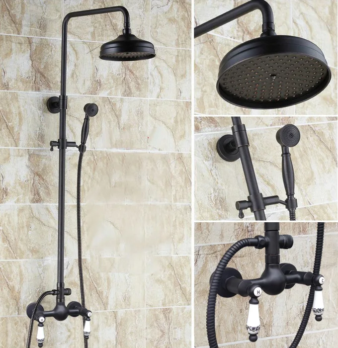 

Dual Handle Bathroom Faucet Set Rainfall/Handheld Shower Faucets Kit Black Brass Wall Mount Hot And Cold Water Mixer Tap Drs517