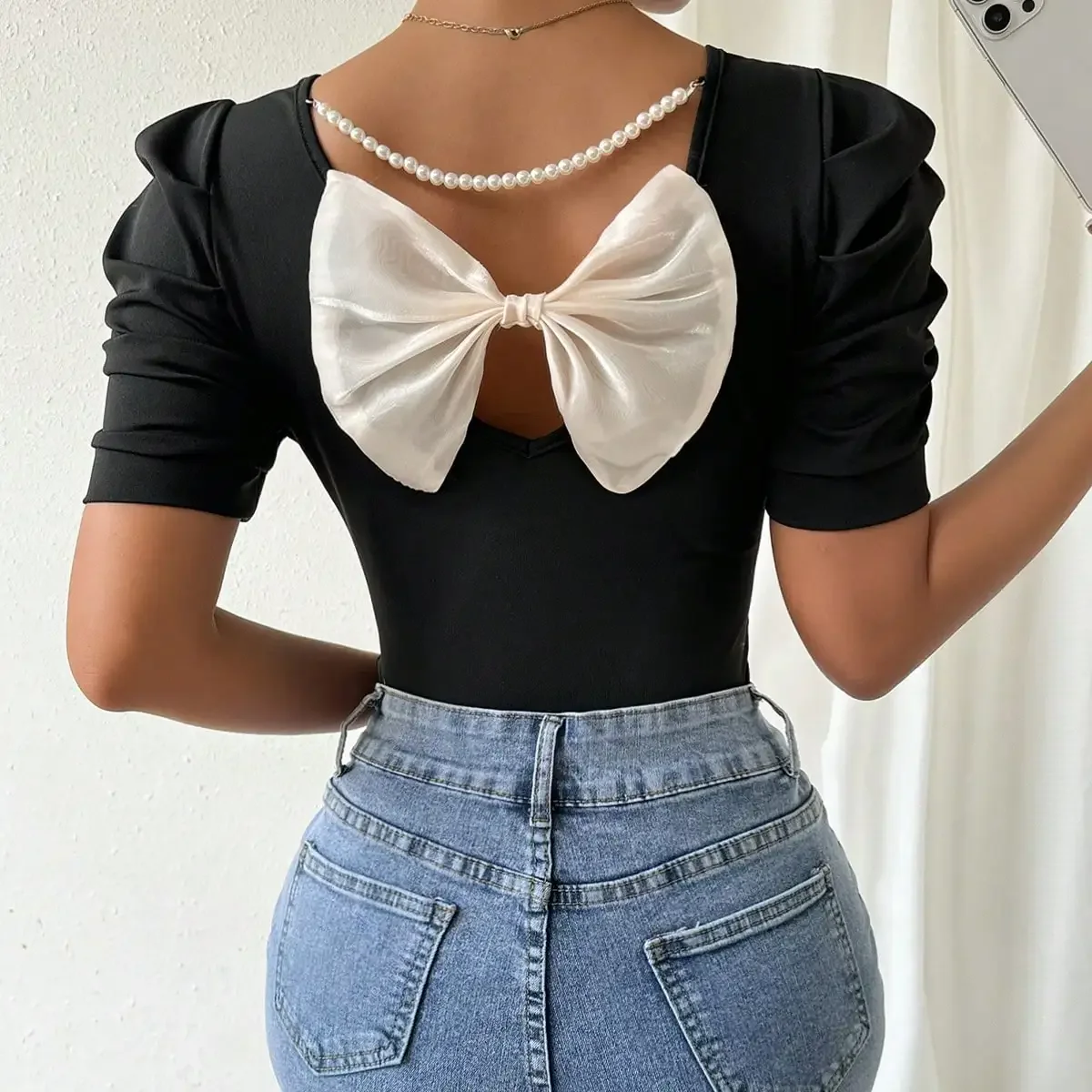 2025 NEW Fashion Summer temperament butterfly condensation back short sleeved top European and American solid color T-shirt