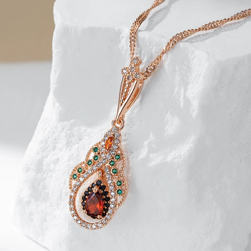 Kinel 2023 New 585 Rose Gold Color Crystal Flower Pendant Necklace for Women Red Natural Zircon Accessories Vintage Jewelry