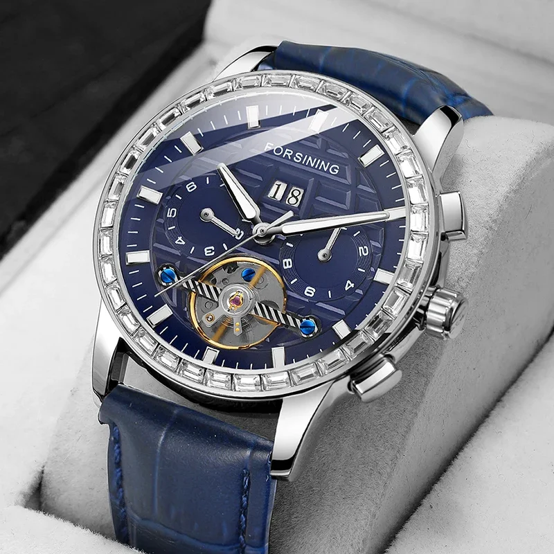 Forsining Top Brand Machanic Watches For Men Skeleton Flywheel Hollow Out Calendar Leather Strap Men's Wristwatches For Military