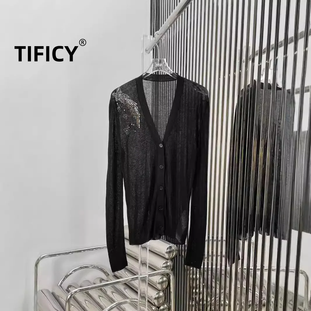 TIFICY High Street Cardigan Coats Autumn New Women's Fashion Nail Drill Bright Tencel Wool Knitted Cardigan Jacket