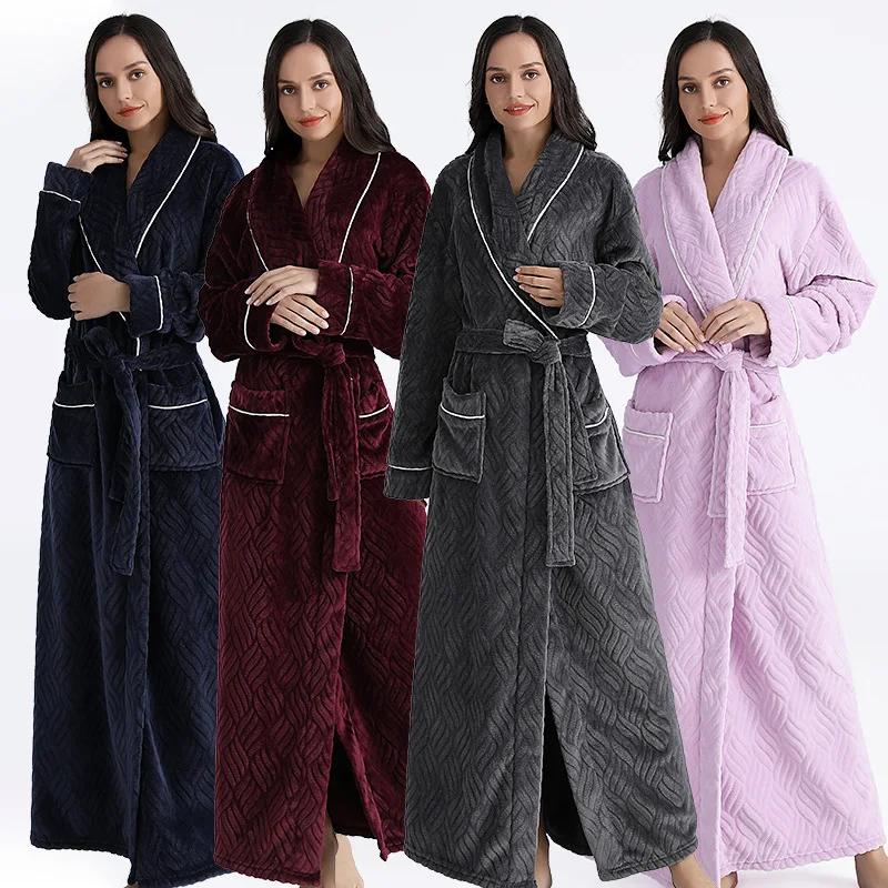 

Women Winter Thermal Long Bathrobe Lovers Thick Warm Coral Fleece Kimono Bath Robe Plus Size Men Nightgowns Bride Dressing Gown