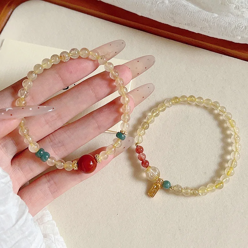 

Браслет из натурального рутилированного кварца для женщин, желтый кристалл, южный красный агат, бусина с удачей, браслет-подвеска на удачу, ниша