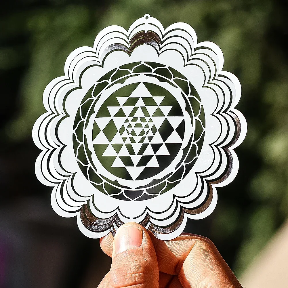 3D Stainless Steel Wind Spinner Sri Yantra Mandala Kinetic Metal Wind Chime Mirror Reflection Hanging Decor for Garden Balcony