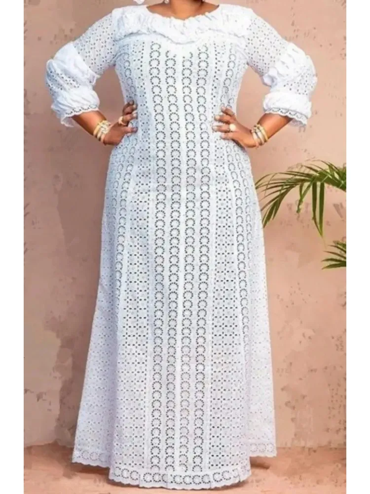 M-5XL Elegant African Elegant Dresses for Women White Hollow Out 2025 Muslim Fashion Abayas Dashiki Robe Kaftan Long Maxi Dress