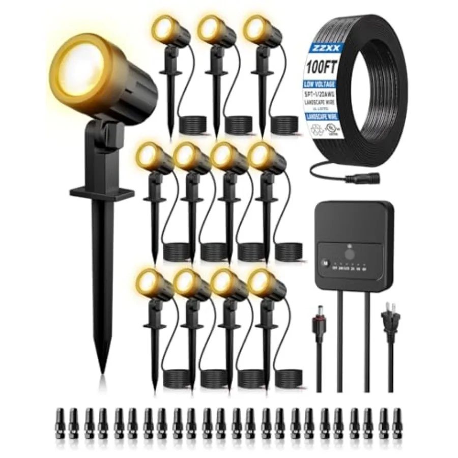 

Комплект ландшафтного освещения низкого напряжения «Всё в одном» - Набор светодиодных ландшафтных светильников с трансформатором, проводом 100 футов и коннекторами, 2700K, 100 Вт