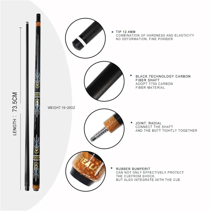 Carbon Fiber Pool Cue Black Technology Low Deflection Billiard,12.4mm/12mm,147cm,19-20OZ Billiard Pool Stick Play Cue, Carom Cue