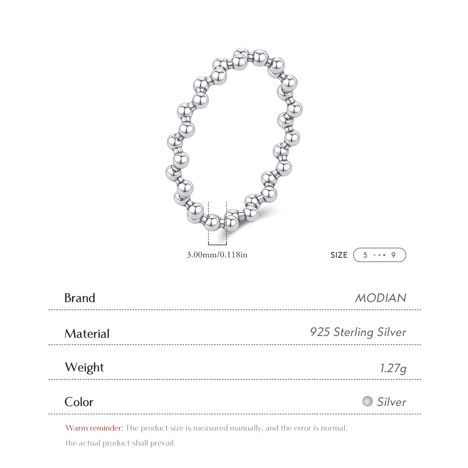 Women's 925 Sterling Silver Vintage Irregular Beads Stackable Ring