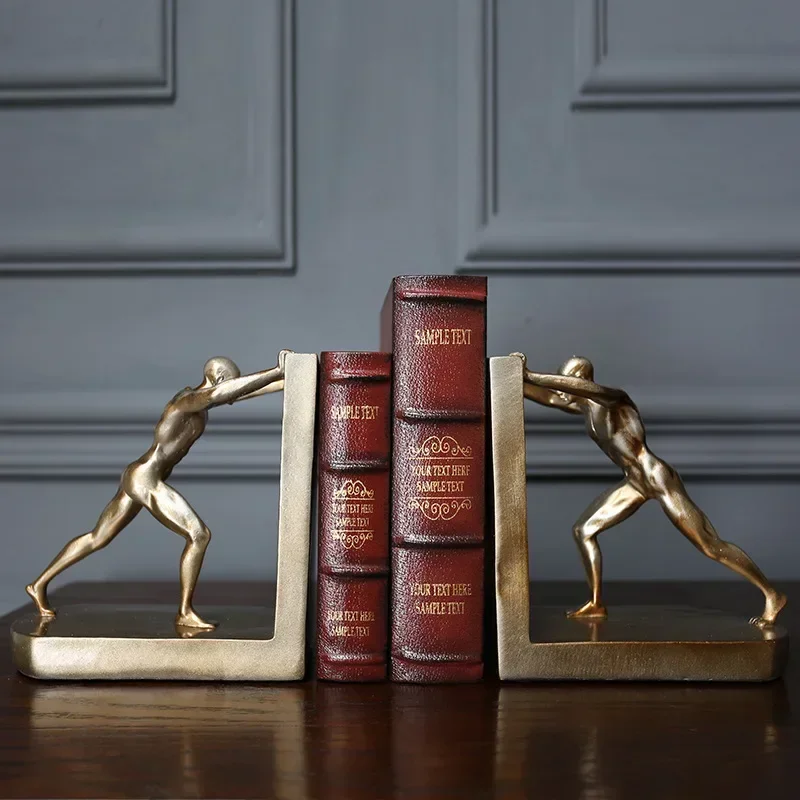 1 Pair Decorative Book Shelf Bookends, Golden Man Pushing Book Support Ornaments Resin Craft for Home Cabinet