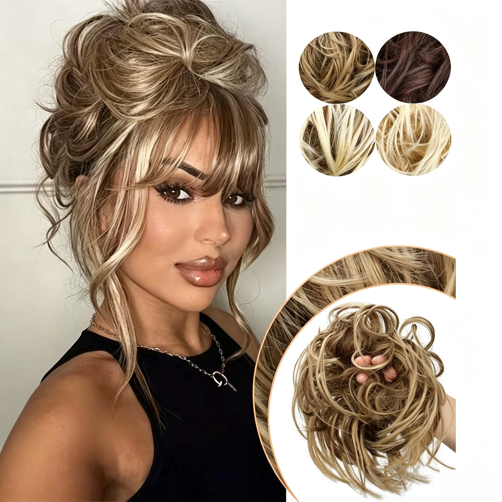 Women’s Synthetic Messy Bun Hairpiece–Fluffy Curly Hair Bun with Elastic Rubber Band Perfect for Daily Wear & Special Events KPO