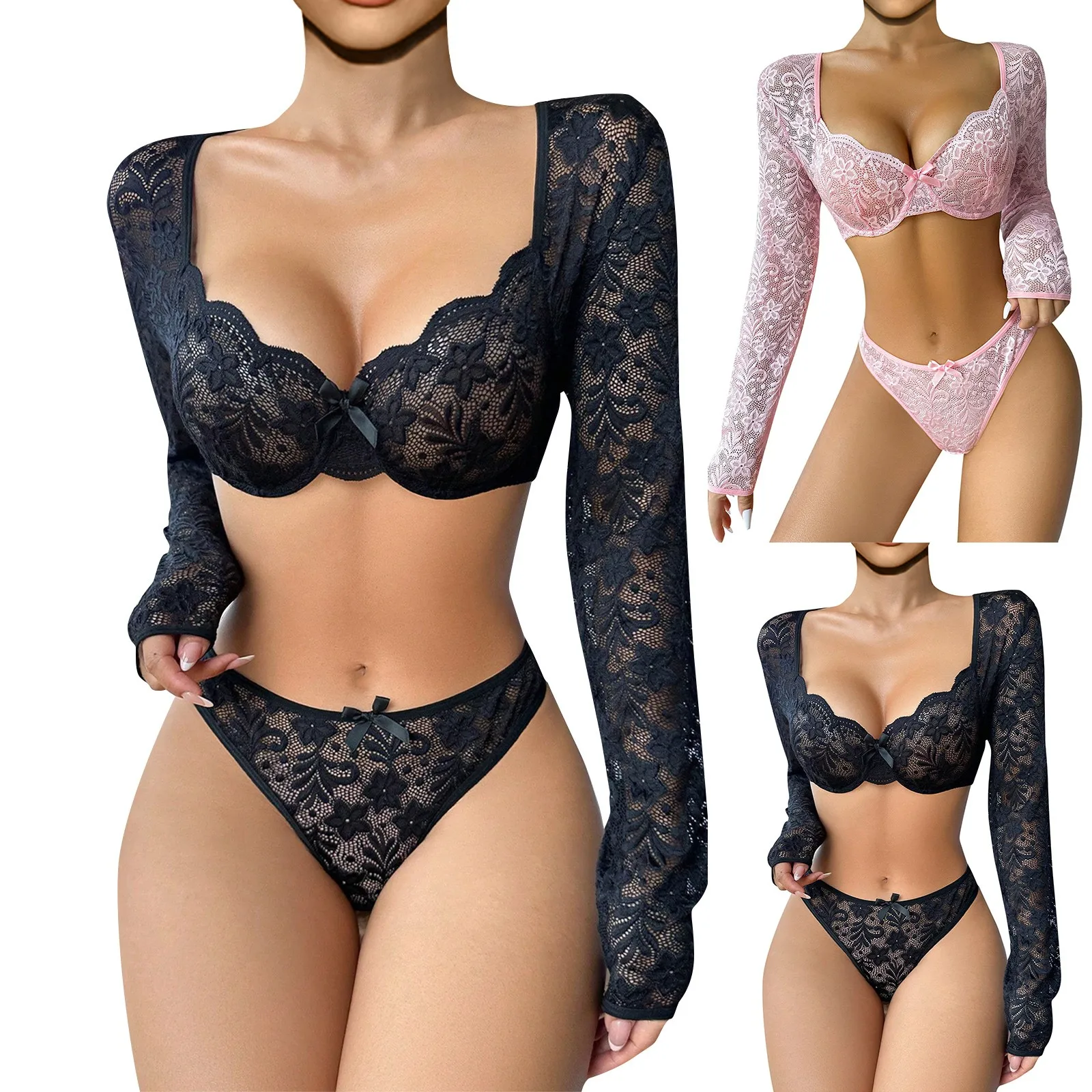 Women\'S Sexy Lace Split Long Sleeved Two-Piece Sexy Lingerie Set 2024 Sexiest Outfit Women боди женское