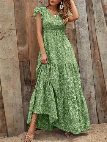 Summer new green floral dress with flying sleeves, V-neck, waist cinched, vacation style, elegant long skirt