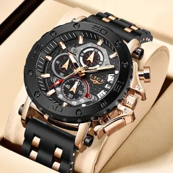 LIGE Men Watch Luxury Waterproof Quartz Wristwatch Chronograph Luminous Date Sports Silicone Clock Big Dial Man Watches+Box