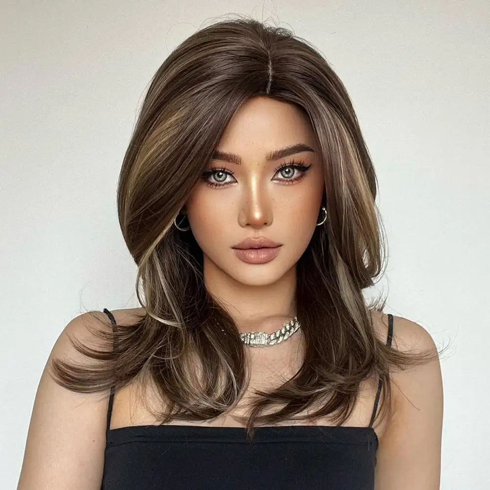 Wine Red Brown Straight Wig Gradient Slightly Skewed Outward Flip French Bangs Slightly Curled Medium Long Hair Synthetic Wig