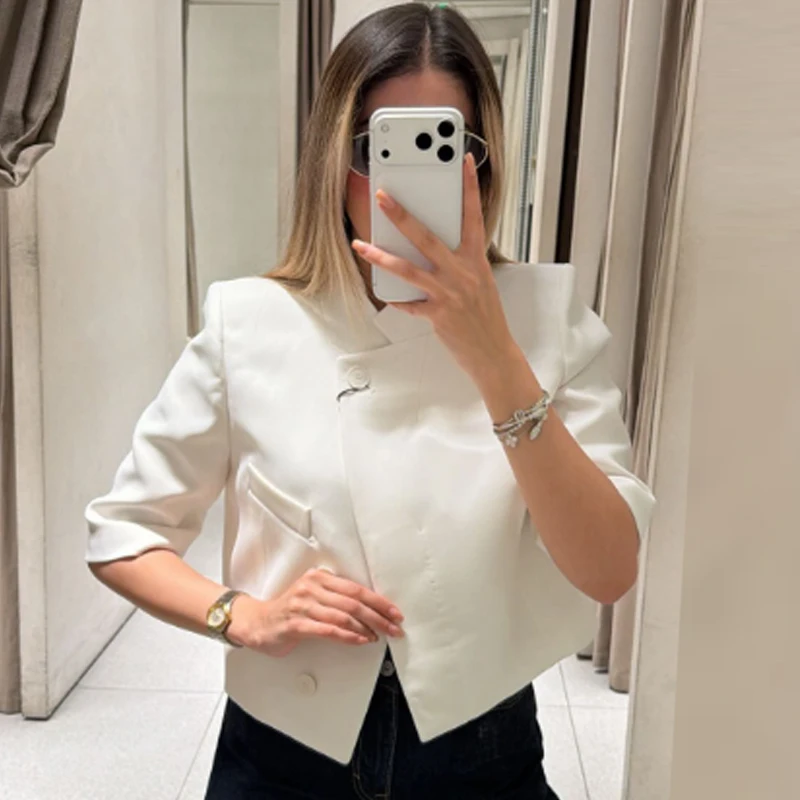 HXAO Crop Weiße Jacken Damenjacke Frühling Sommer 2026 Asymmetrische Knopfleiste Kurzarm-Oberbekleidung Schicke Streetwear Blazer für Frauen – Detail 10