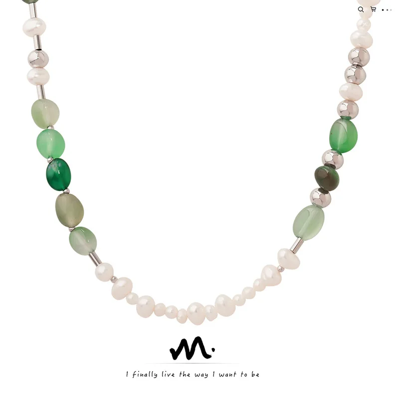 【Mirrordust】Naszyjnik z pereł słodkowodnych, naturalnego kamienia i tytanu, z koralikami, biżuteria vintage dla kobiet