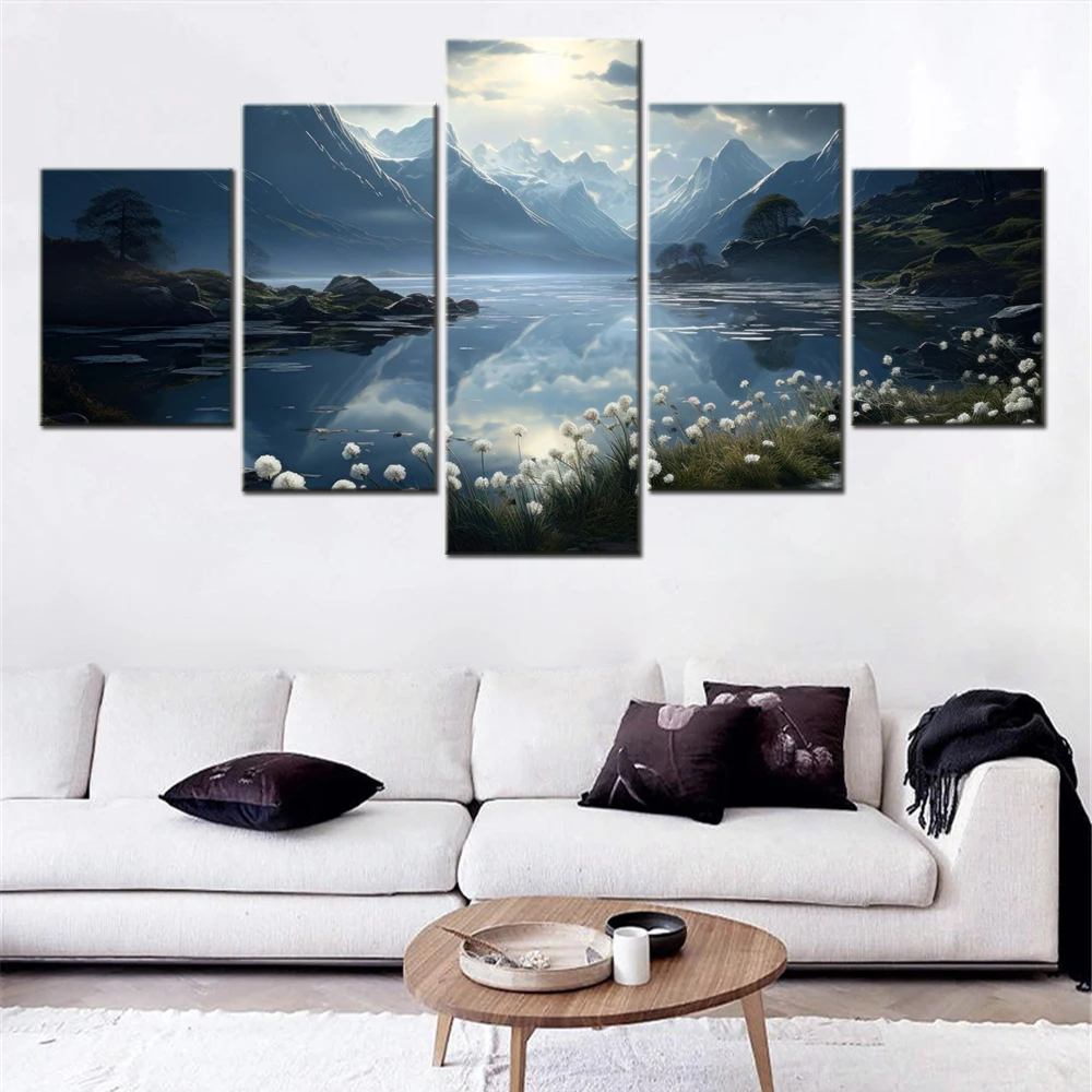 

5 Panels Wall Canvas Picture Painting Nature Alpine lake Moonlight Wallpaper Home Decorative Poster For Bedroom Mural Modern Art