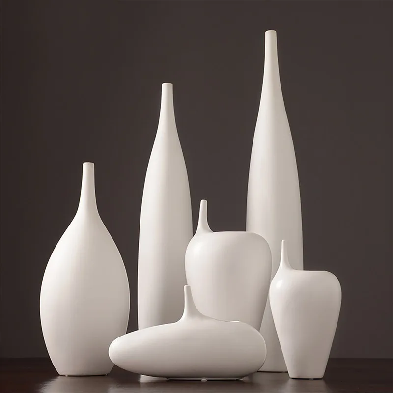 

Modern simple white fine mouth ceramic vase ornament dried flower arrangement Chinese creative living room home decoration