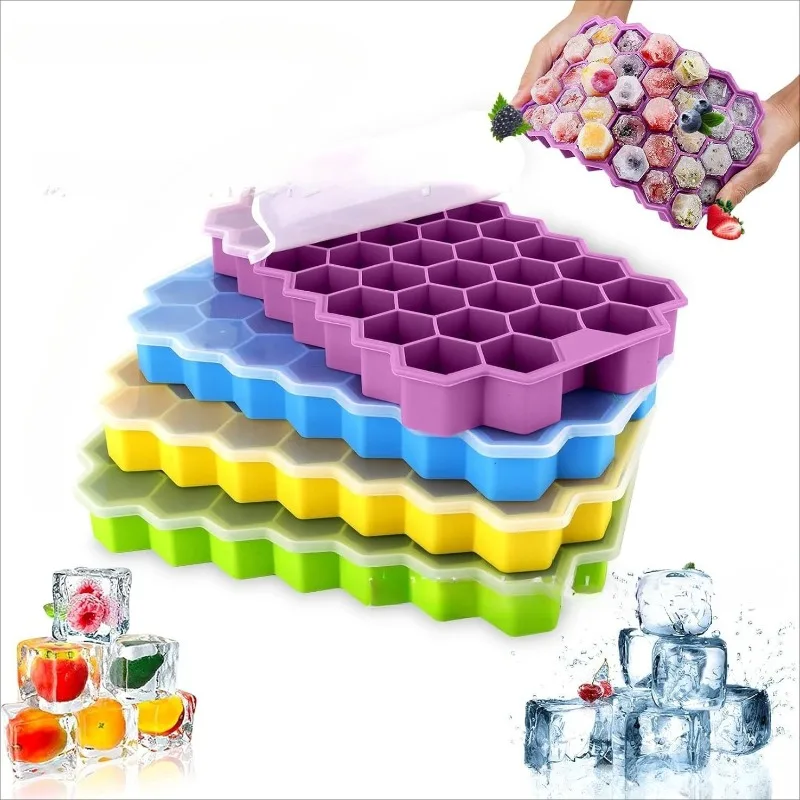 

37 Grids Silicone Ice Cube Mold Honeycomb Ice Tray with Lids Mold Reusable Food-Grade BPA-free Ice Maker with Lids Whiskey Beer