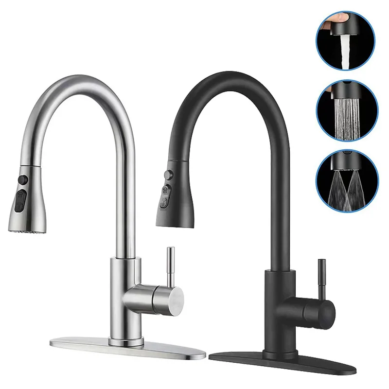 Cross-border Kitchen Faucet Hot/Cold Rotatable 304 Stainless Steel Pull-Out Retractable Ceramic Valve Single Handle Deck Mounted