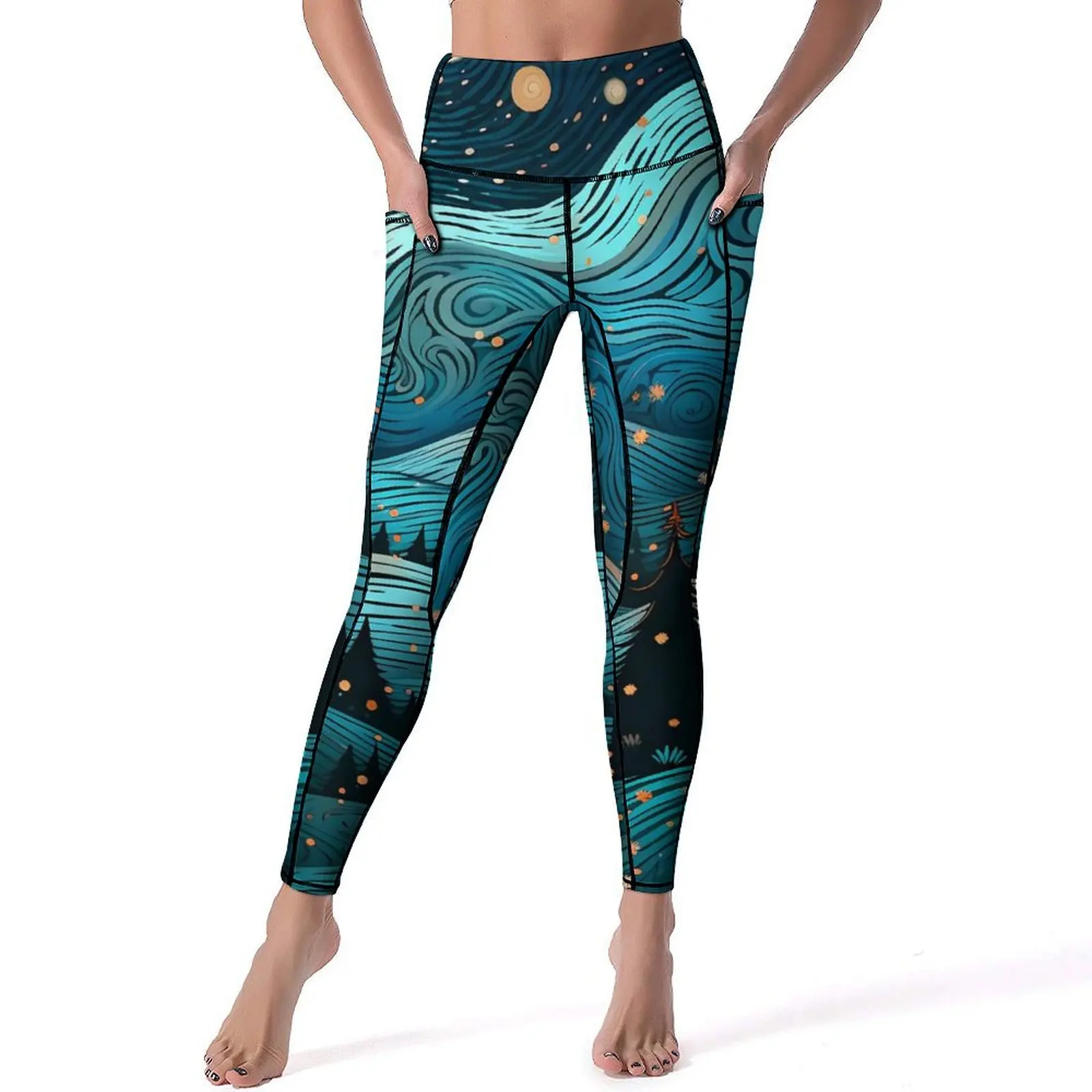 Starry Night Print Leggings Sexy Abstract Swirls High Waist Yoga Pants Cute Stretch Leggins Female Custom Gym Sports Tights