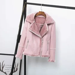 Girls Short PU Leather Jacket Winter Women Faux Leather Jacket Motorcycle Long Sleeve Faux Fur Collar Thick Fluffy Pink Coat Hot