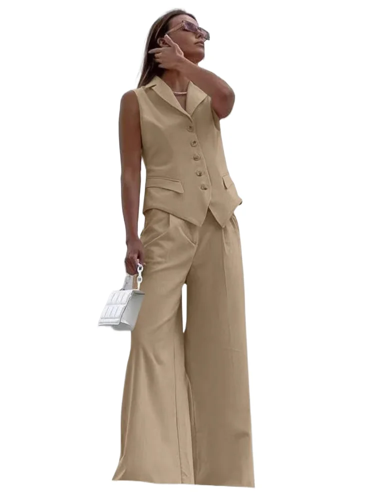 

Women Two Pieces Suit Fashion Elegant Commuting Sleeveless Single Breasted Vest High Waist Wide Leg Pants Female 2 Piece Sets