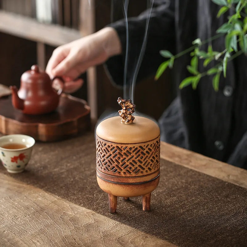 Creative ceramic incense burner antique hollow tea ceremony Zen gift box ornament indoor incense burning deodorizing aromatherap