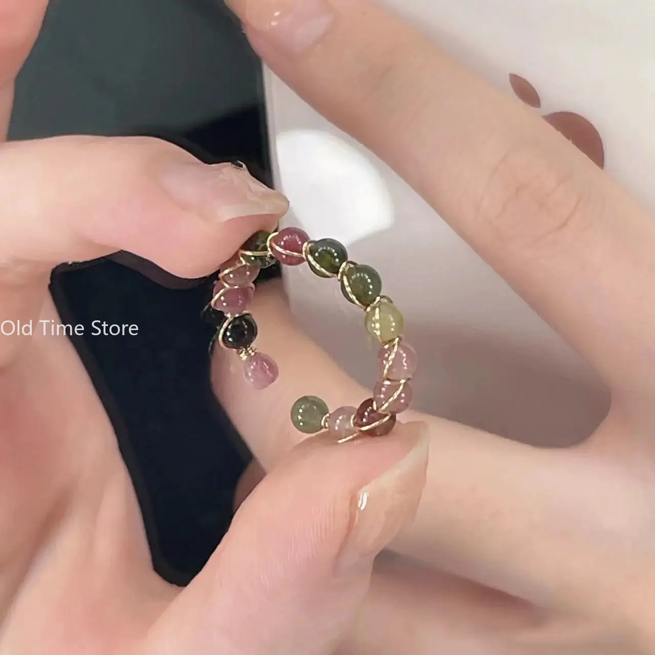 Rainbow Tourmaline Ring Fashionable Multi Treasure Bead Ring Female Niche Ins High-end Sense Index Finger Ring