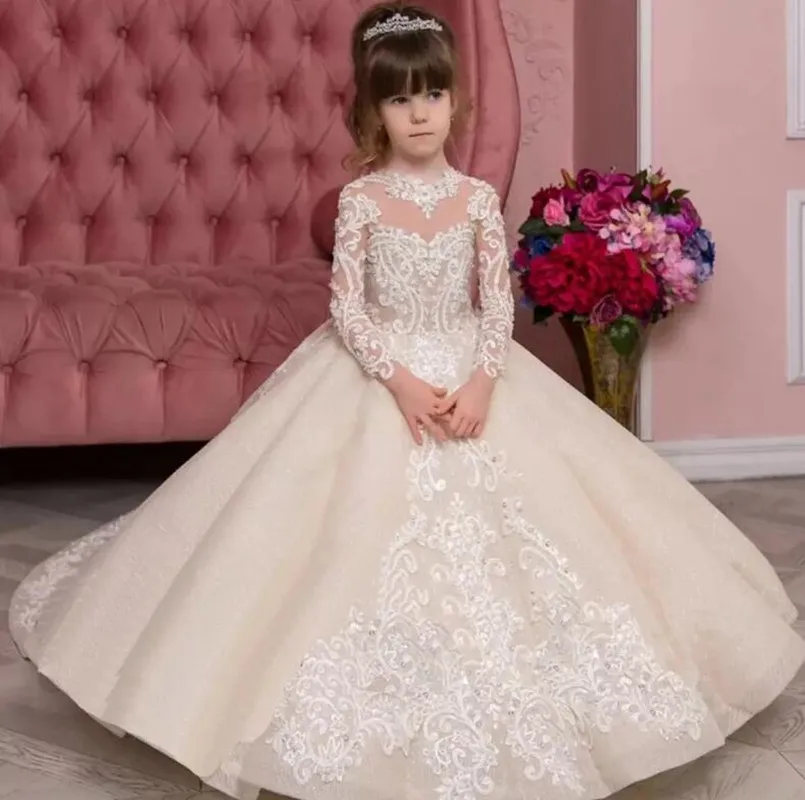 Princess Champagne Flower Girl Dresses Long Sleeve Sheer Crew Neck Appliques Girl Party Pageant Gown First Communion Dress