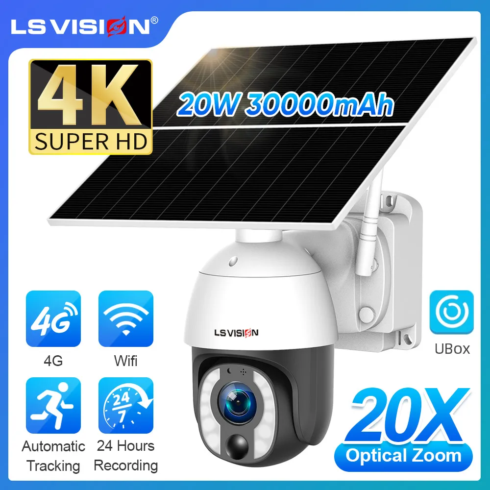 LS VISION 8MP 24/7 Saat Kayıt Güneş Kamerası 4K 4G 20X Optik Zoom WiFi PTZ Otomatik Takip CCTV Kameralar, 20W Güneş Paneli ile