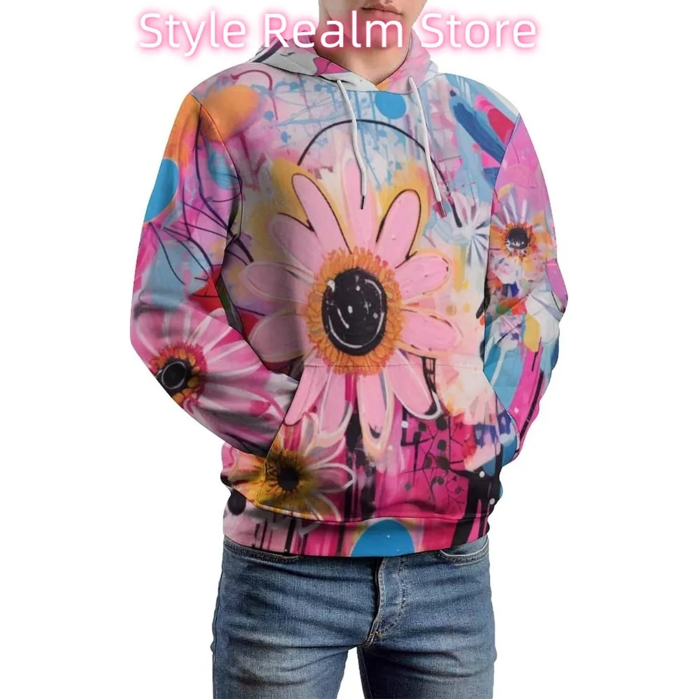 للجنسين الجدة الوردي زهرة هوديي 3D مطبوعة الفن نمط عارضة البلوز مقنعين الجيب