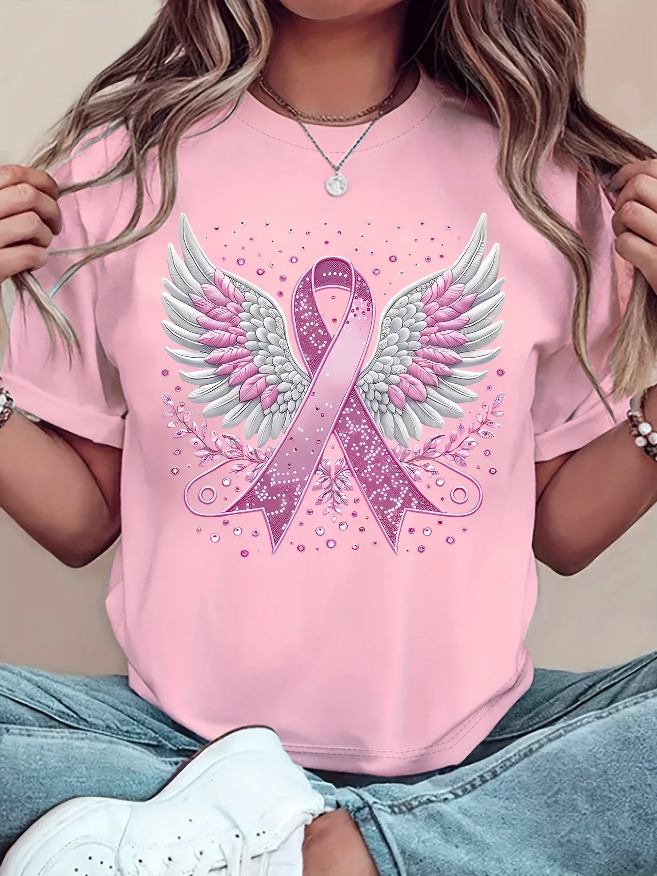 T-Shirt mit Aufdruck zur Aufmerksamkeit für Brustkrebs, kurzärmelig, normaler Schnitt, Rundhalsausschnitt, für Damen, ideal für den Sommer, Freizeitaktivitäten im Freien, Y2k-Stil, atmungsaktives Material. – Detail 3