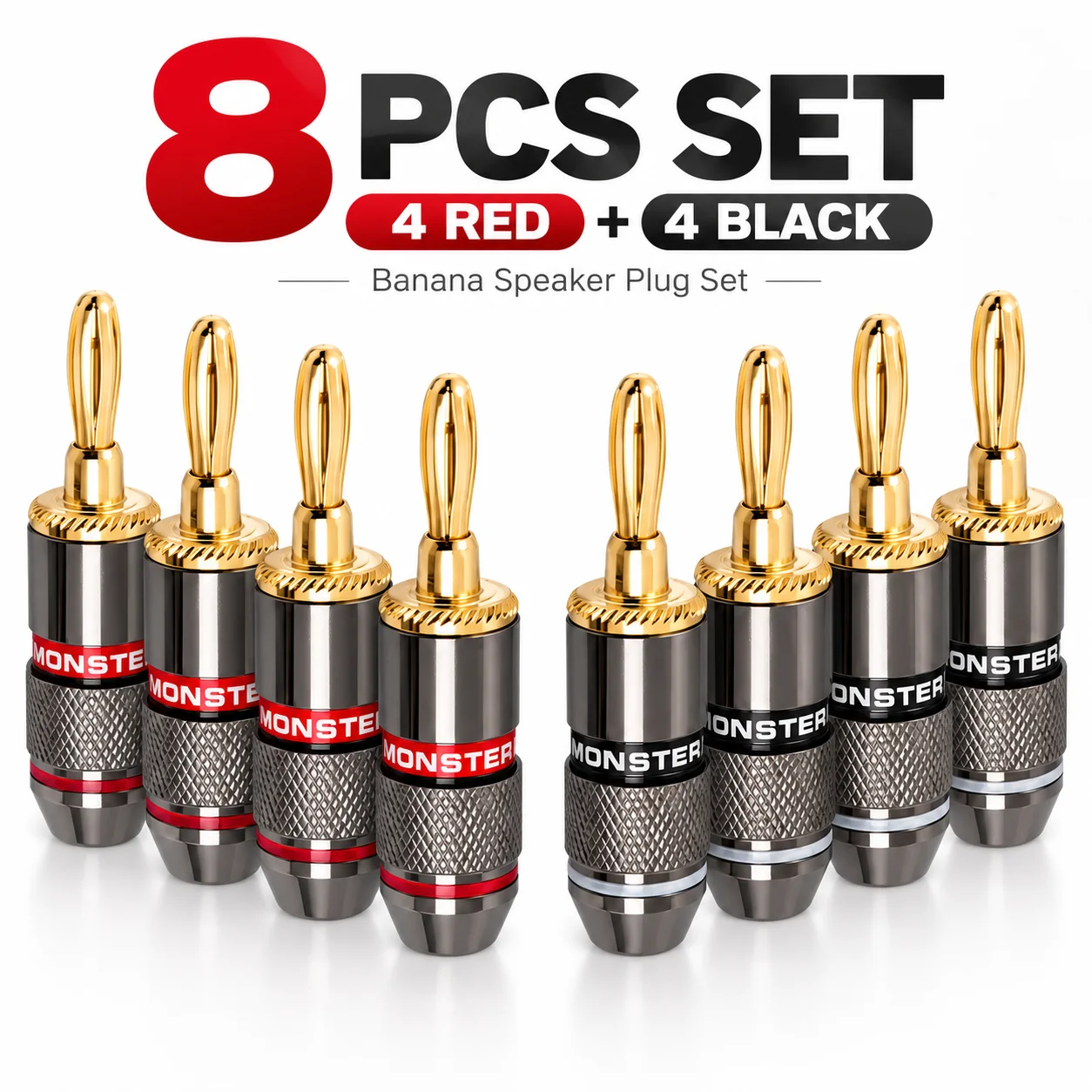 8PCS Banana Speaker Plugs Set, 4 Red 4 Black Solderless Audio Connectors for Amplifier Speaker Wire, Gold Tone Terminals